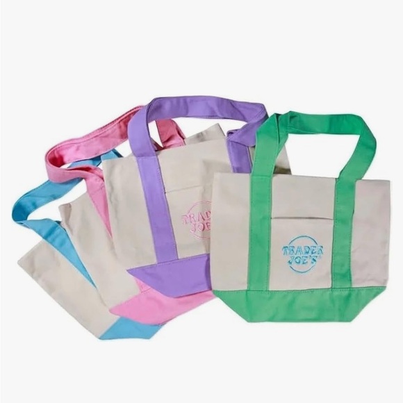 4 Trader Joe's Mini Pastel Embroidered Canvas Tote Bags Set (1 of each color) - Picture 1 of 2